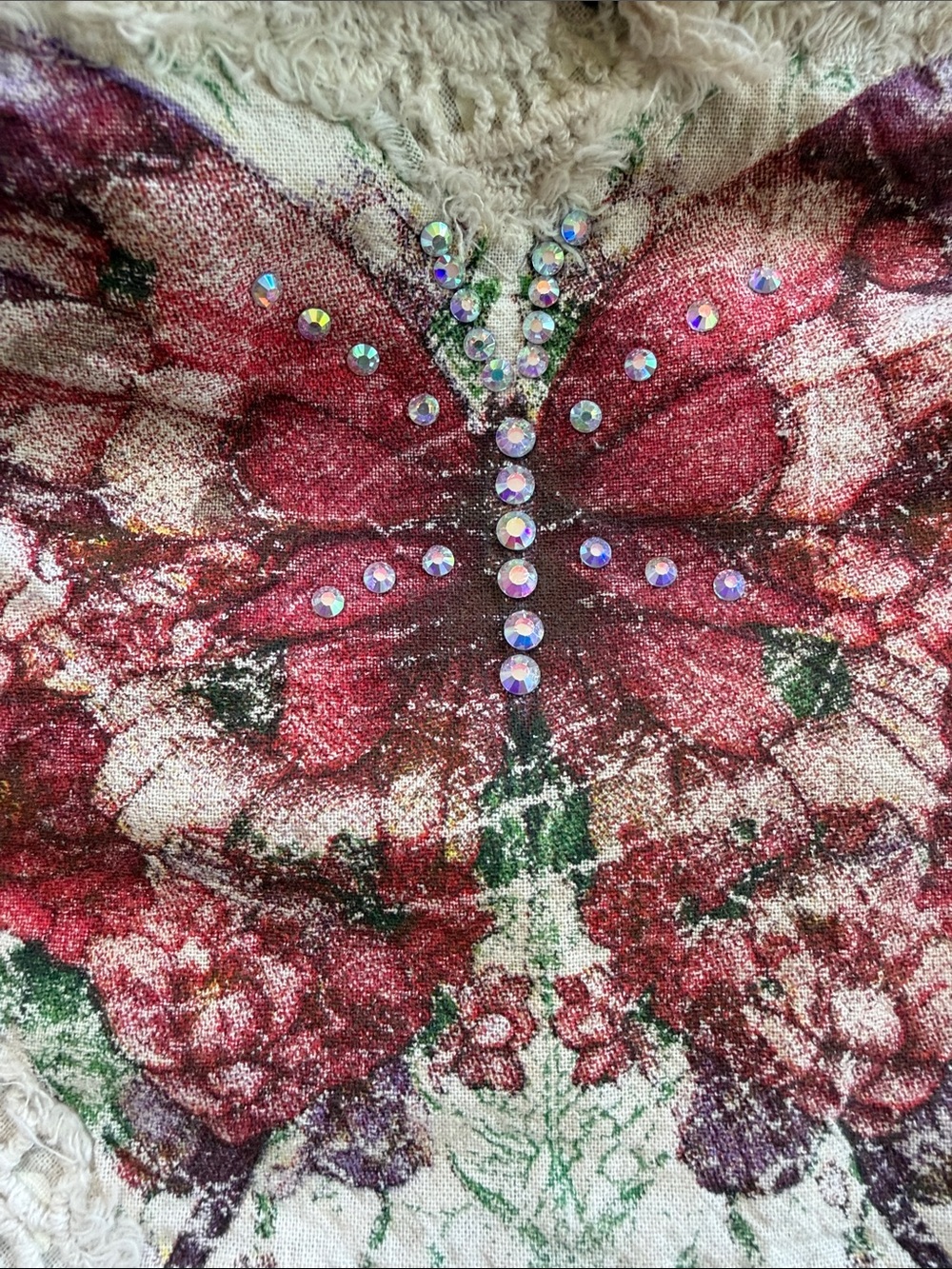 NWT Vintage Lace Hand Painted Butterfly Bandana Scarf Cream Pink A Rare Bird - Picture 5 of 7